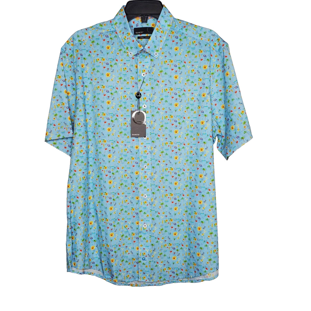 Quieti Mens SZ L Drew Short Sleeve Button Shirt Blue Beach Print Palm Trees